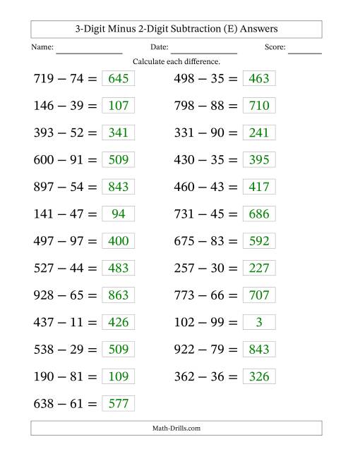 The Horizontally Arranged Three-Digit Minus Two-Digit Subtraction(25 Questions; Large Print) (E) Math Worksheet Page 2
