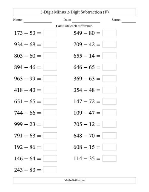 The Horizontally Arranged Three-Digit Minus Two-Digit Subtraction(25 Questions; Large Print) (F) Math Worksheet