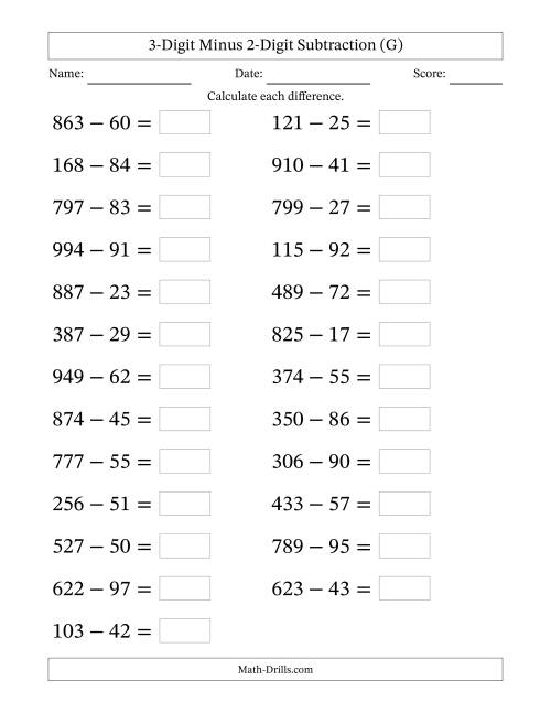 The Horizontally Arranged Three-Digit Minus Two-Digit Subtraction(25 Questions; Large Print) (G) Math Worksheet