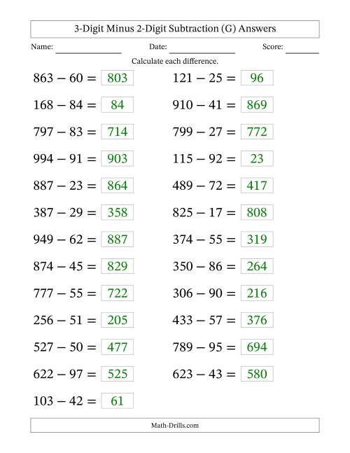 The Horizontally Arranged Three-Digit Minus Two-Digit Subtraction(25 Questions; Large Print) (G) Math Worksheet Page 2