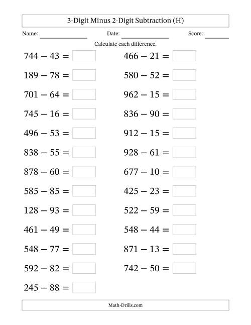 The Horizontally Arranged Three-Digit Minus Two-Digit Subtraction(25 Questions; Large Print) (H) Math Worksheet