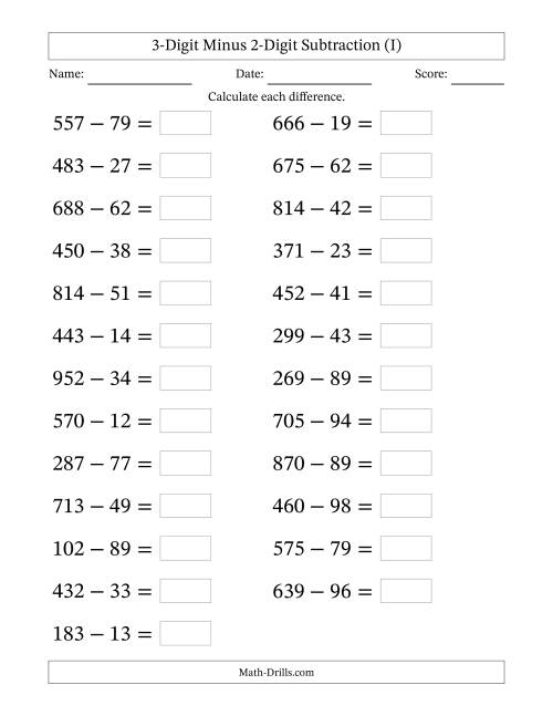 The Horizontally Arranged Three-Digit Minus Two-Digit Subtraction(25 Questions; Large Print) (I) Math Worksheet