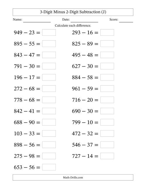 The Horizontally Arranged Three-Digit Minus Two-Digit Subtraction(25 Questions; Large Print) (J) Math Worksheet