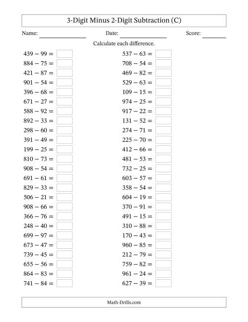 The Three-Digit Minus Two-Digit Horizontal Subtraction (100 Questions) (C) Math Worksheet