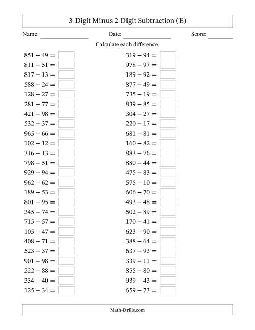 The Three-Digit Minus Two-Digit Horizontal Subtraction (100 Questions) (E) Math Worksheet