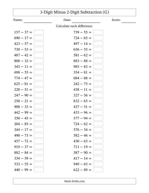 The Horizontally Arranged Three-Digit Minus Two-Digit Subtraction(50 Questions) (G) Math Worksheet