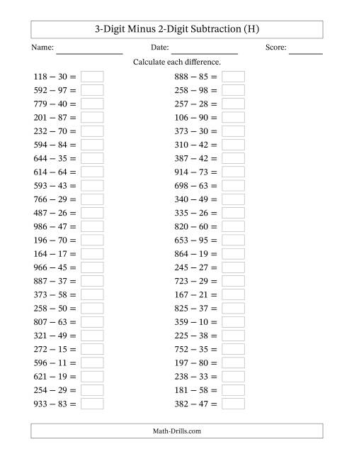 The Three-Digit Minus Two-Digit Horizontal Subtraction (100 Questions) (H) Math Worksheet