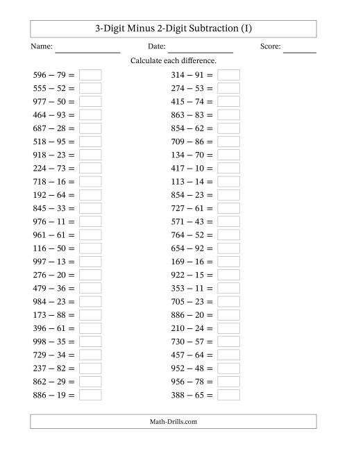 The Horizontally Arranged Three-Digit Minus Two-Digit Subtraction(50 Questions) (I) Math Worksheet