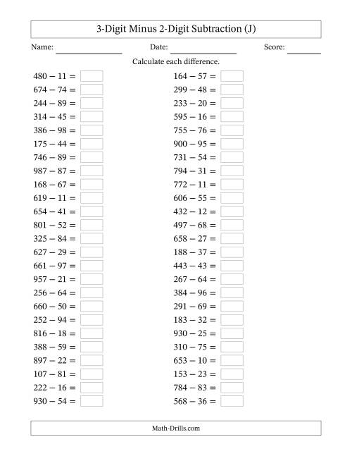 The Horizontally Arranged Three-Digit Minus Two-Digit Subtraction(50 Questions) (J) Math Worksheet