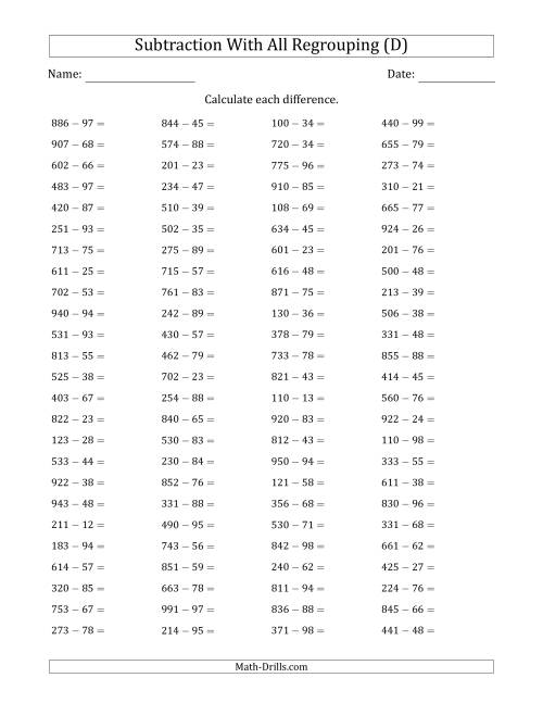 The 3-Digit Minus 2-Digit Horizontal Subtraction with All Regrouping (100 Questions) (D) Math Worksheet