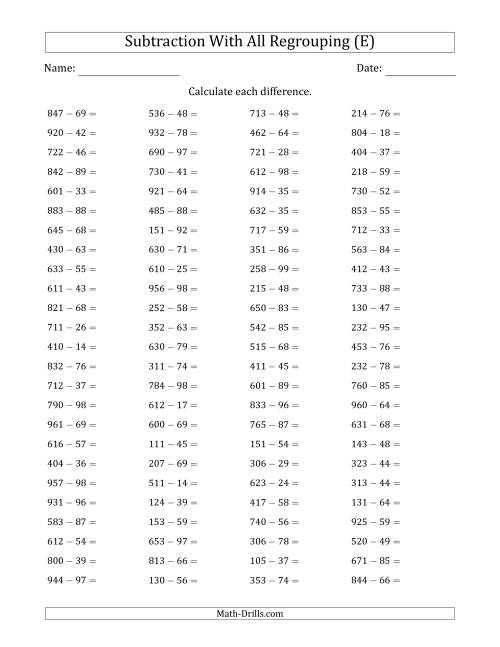 The 3-Digit Minus 2-Digit Horizontal Subtraction with All Regrouping (100 Questions) (E) Math Worksheet