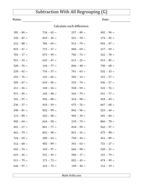 The 3-Digit Minus 2-Digit Horizontal Subtraction with All Regrouping (100 Questions) (G) Math Worksheet