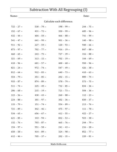 The 3-Digit Minus 2-Digit Horizontal Subtraction with All Regrouping (100 Questions) (I) Math Worksheet