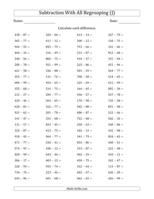 The 3-Digit Minus 2-Digit Horizontal Subtraction with All Regrouping (100 Questions) (J) Math Worksheet