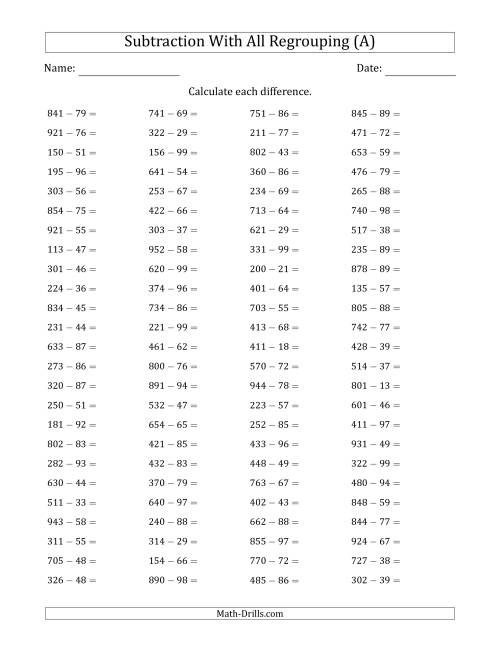 The 3-Digit Minus 2-Digit Horizontal Subtraction with All Regrouping (100 Questions) (All) Math Worksheet