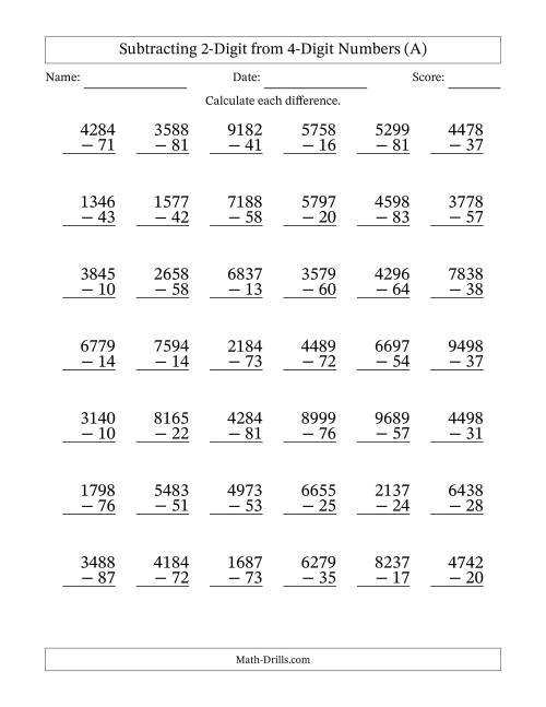 The 4-Digit Minus 2-Digit Subtraction with NO Regrouping (A) Math Worksheet