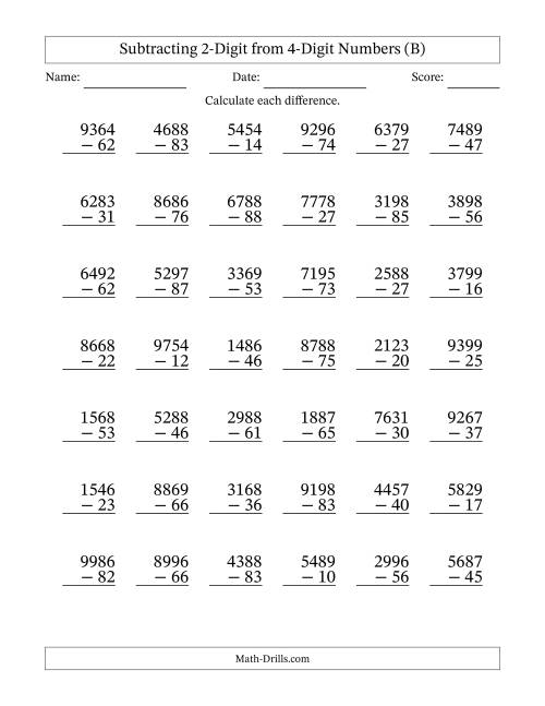 The Subtracting 2-Digit from 4-Digit Numbers With No Regrouping (42 Questions) (B) Math Worksheet