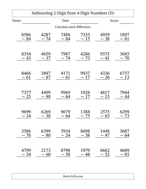 The Subtracting 2-Digit from 4-Digit Numbers With No Regrouping (42 Questions) (D) Math Worksheet