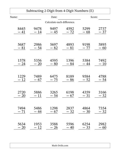 The Subtracting 2-Digit from 4-Digit Numbers With No Regrouping (42 Questions) (E) Math Worksheet
