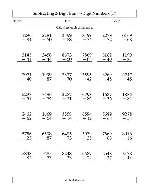 The Subtracting 2-Digit from 4-Digit Numbers With No Regrouping (42 Questions) (F) Math Worksheet