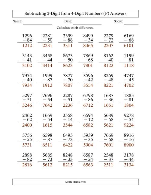 The Subtracting 2-Digit from 4-Digit Numbers With No Regrouping (42 Questions) (F) Math Worksheet Page 2