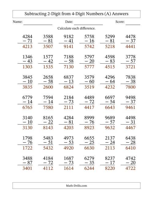 The Subtracting 2-Digit from 4-Digit Numbers With No Regrouping (42 Questions) (All) Math Worksheet Page 2