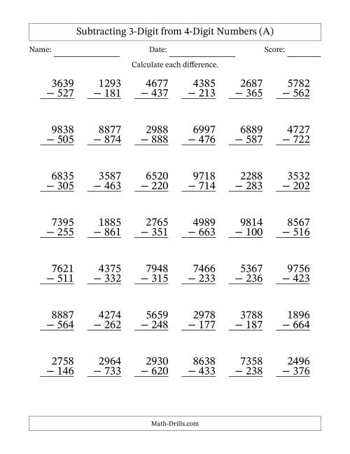 The 4-Digit Minus 3-Digit Subtraction with NO Regrouping (A) Math Worksheet