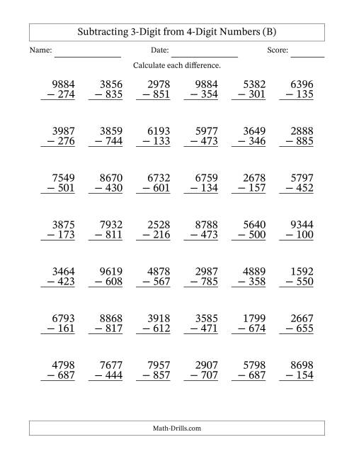 The 4-Digit Minus 3-Digit Subtraction with NO Regrouping (B) Math Worksheet