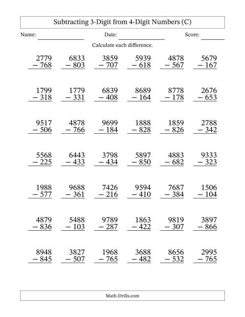 The Subtracting 3-Digit from 4-Digit Numbers With No Regrouping (42 Questions) (C) Math Worksheet