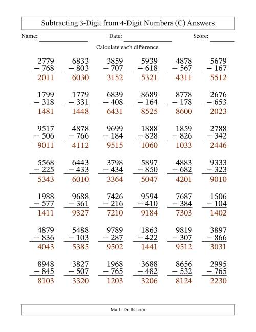 The Subtracting 3-Digit from 4-Digit Numbers With No Regrouping (42 Questions) (C) Math Worksheet Page 2