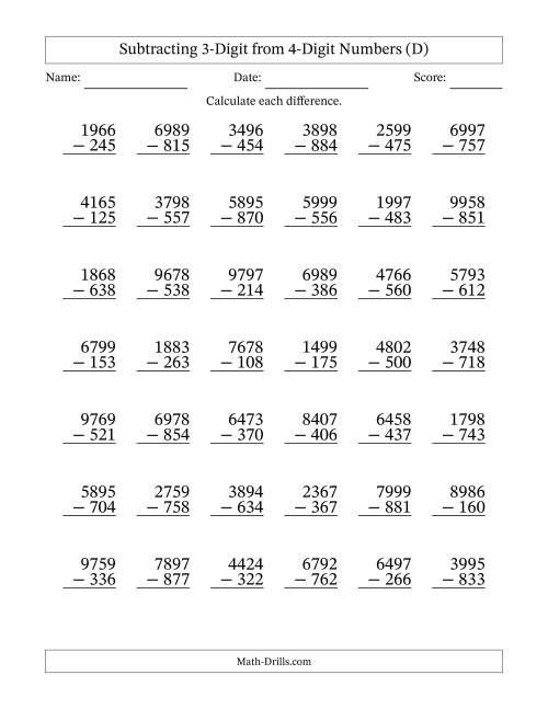 The Subtracting 3-Digit from 4-Digit Numbers With No Regrouping (42 Questions) (D) Math Worksheet