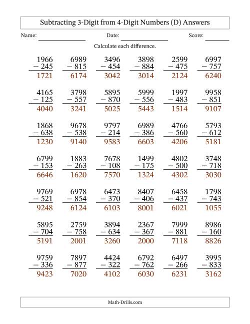 The Subtracting 3-Digit from 4-Digit Numbers With No Regrouping (42 Questions) (D) Math Worksheet Page 2