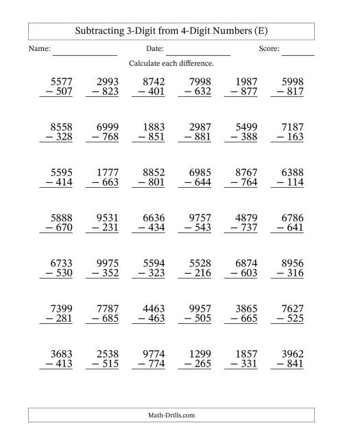 The 4-Digit Minus 3-Digit Subtraction with NO Regrouping (E) Math Worksheet
