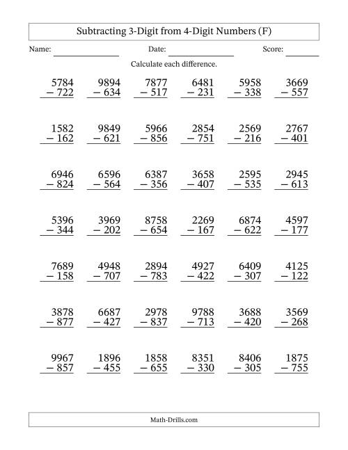 The 4-Digit Minus 3-Digit Subtraction with NO Regrouping (F) Math Worksheet