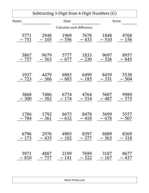 The 4-Digit Minus 3-Digit Subtraction with NO Regrouping (G) Math Worksheet