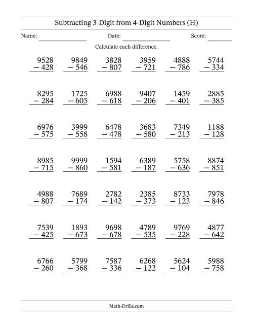 The 4-Digit Minus 3-Digit Subtraction with NO Regrouping (H) Math Worksheet