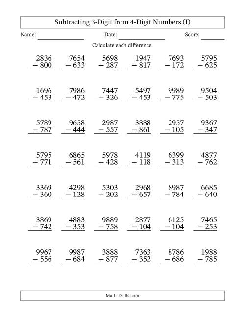 The Subtracting 3-Digit from 4-Digit Numbers With No Regrouping (42 Questions) (I) Math Worksheet