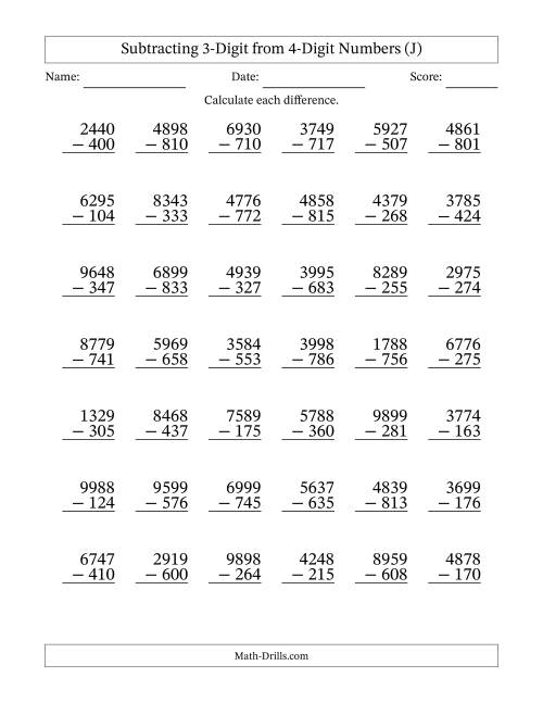 The Subtracting 3-Digit from 4-Digit Numbers With No Regrouping (42 Questions) (J) Math Worksheet