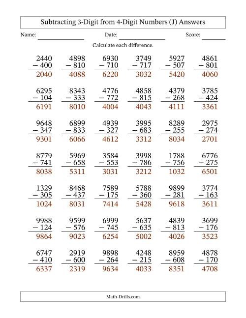 The Subtracting 3-Digit from 4-Digit Numbers With No Regrouping (42 Questions) (J) Math Worksheet Page 2
