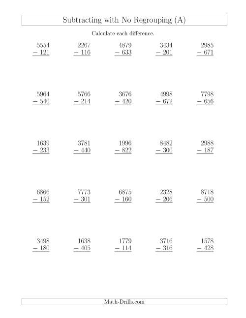 The 4-Digit Minus 3-Digit Subtraction with No Regrouping (Old) Math Worksheet