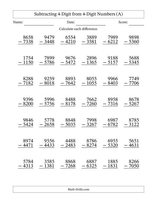 The 4-Digit Minus 4-Digit Subtraction with NO Regrouping (A) Math Worksheet