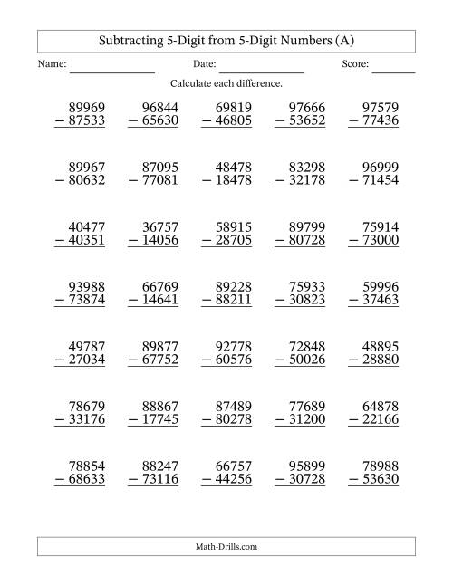 The 5-Digit Minus 5-Digit Subtraction with NO Regrouping (A) Math Worksheet