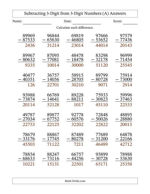 The 5-Digit Minus 5-Digit Subtraction with NO Regrouping (A) Math Worksheet Page 2