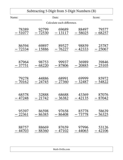 The 5-Digit Minus 5-Digit Subtraction with NO Regrouping (B) Math Worksheet