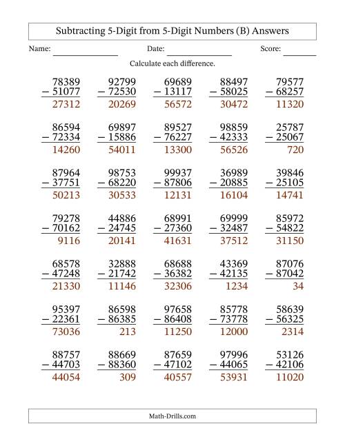 The 5-Digit Minus 5-Digit Subtraction with NO Regrouping (B) Math Worksheet Page 2