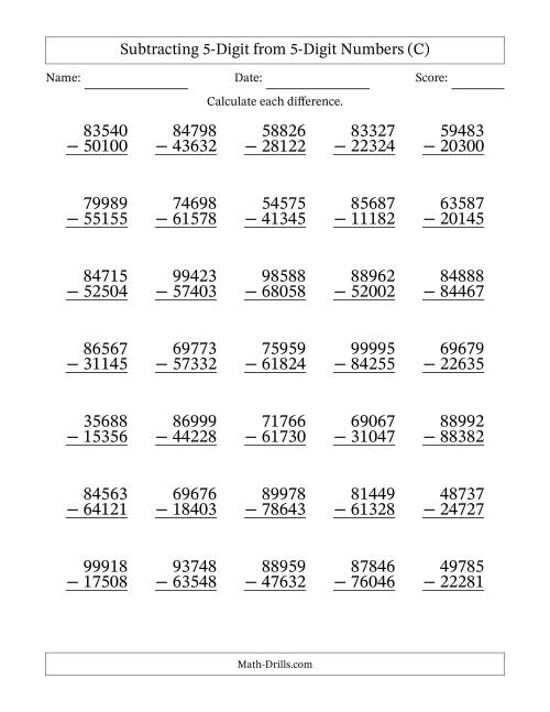 The Subtracting 5-Digit from 5-Digit Numbers With No Regrouping (35 Questions) (C) Math Worksheet