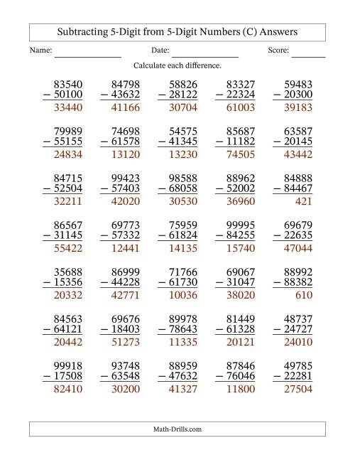 The Subtracting 5-Digit from 5-Digit Numbers With No Regrouping (35 Questions) (C) Math Worksheet Page 2