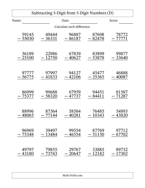 The 5-Digit Minus 5-Digit Subtraction with NO Regrouping (D) Math Worksheet