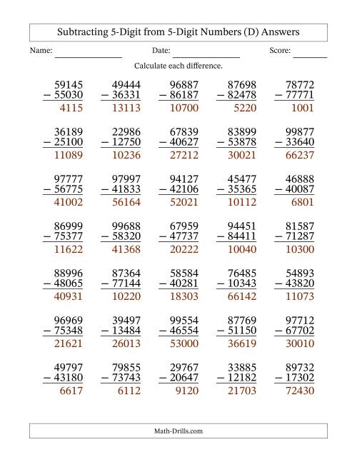 The 5-Digit Minus 5-Digit Subtraction with NO Regrouping (D) Math Worksheet Page 2