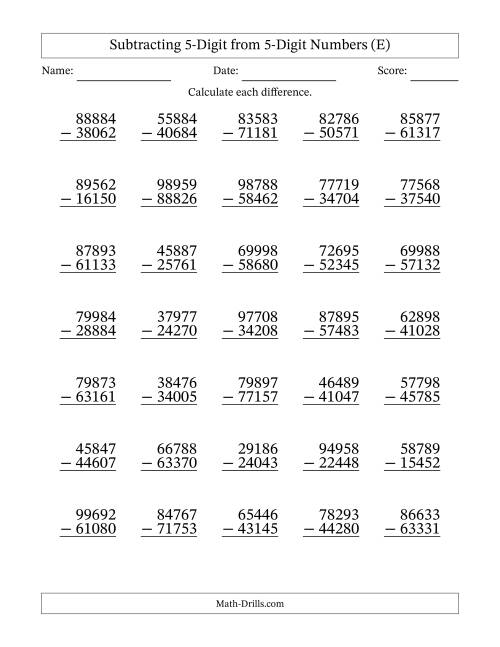 The 5-Digit Minus 5-Digit Subtraction with NO Regrouping (E) Math Worksheet